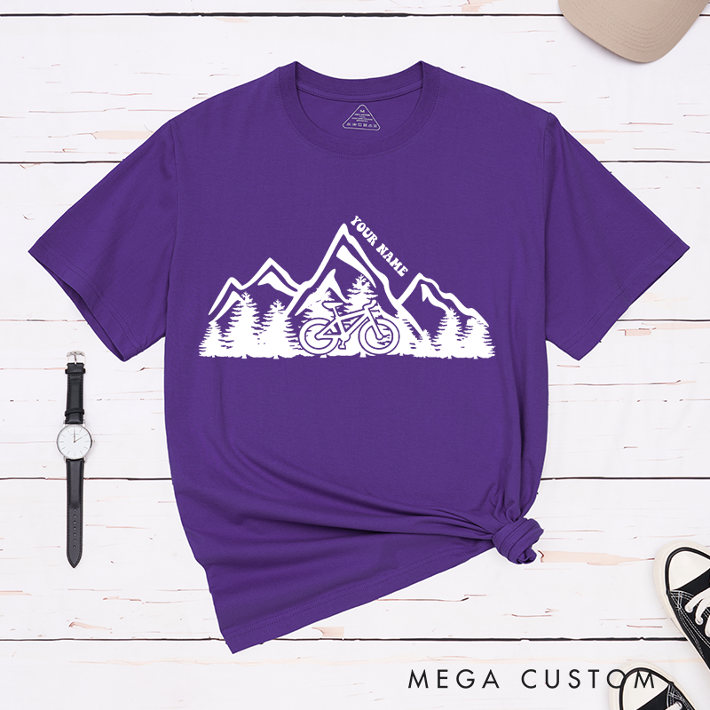 Personalized Mountain Adventure Cycling T-Shirt with a Cyclist Silhouette for Outdoor Adventures Riding Cycling Biking Enthusiasts