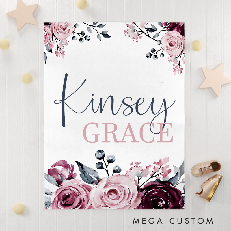 Personalized Elegant Name with Burgundy and Pink Roses Sophisticated Floral Keepsake Baby Blanket