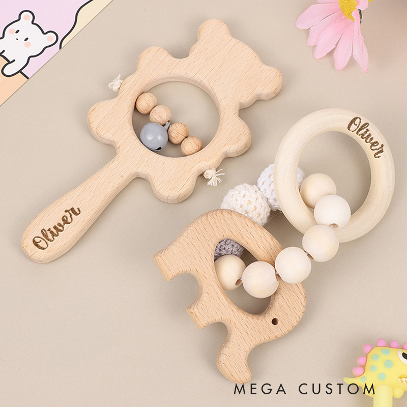Personalized Baby Rattle for Baby Engraved Rattle with Name Wooden Rattle Ring for Newborn Gift Baby Shower Gift