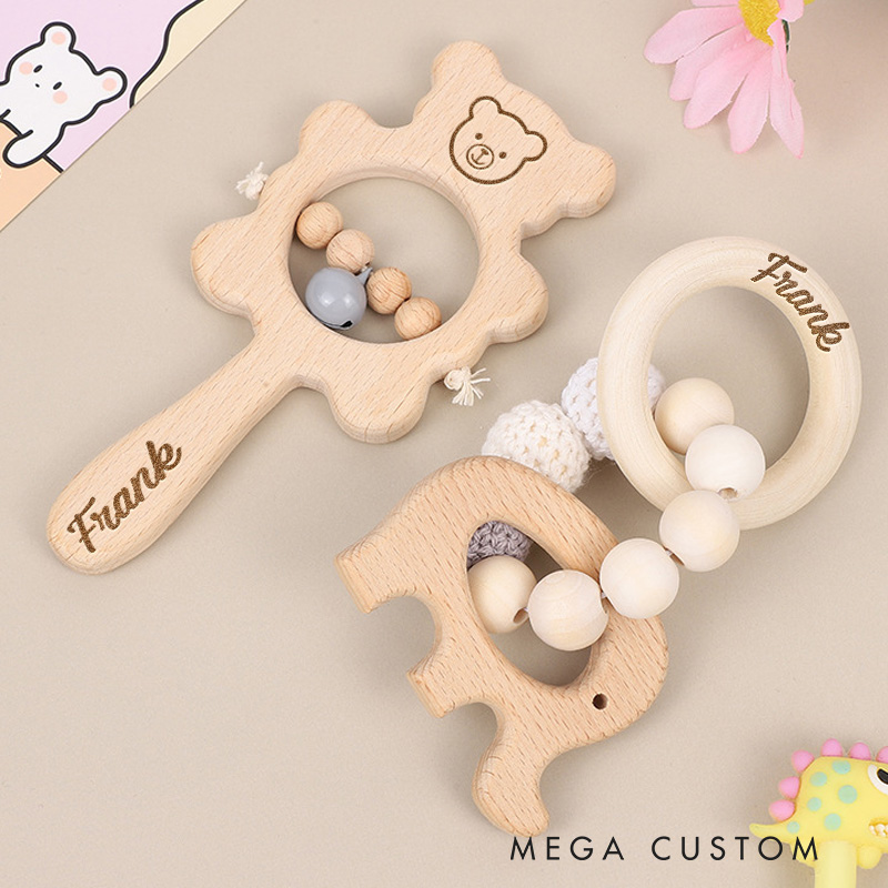 Personalized Engraved Wooden Baby Rattle with Name Animal Rattle With Bells Baby Grasping Toy Baby Shower Gift