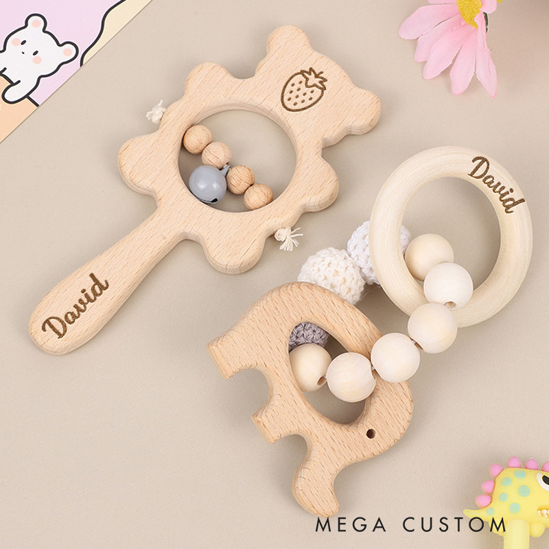 Personalized Rattle for Baby Engraved Rattle with Bells Sensory Toys Baby Shower Gift Newborn Gift
