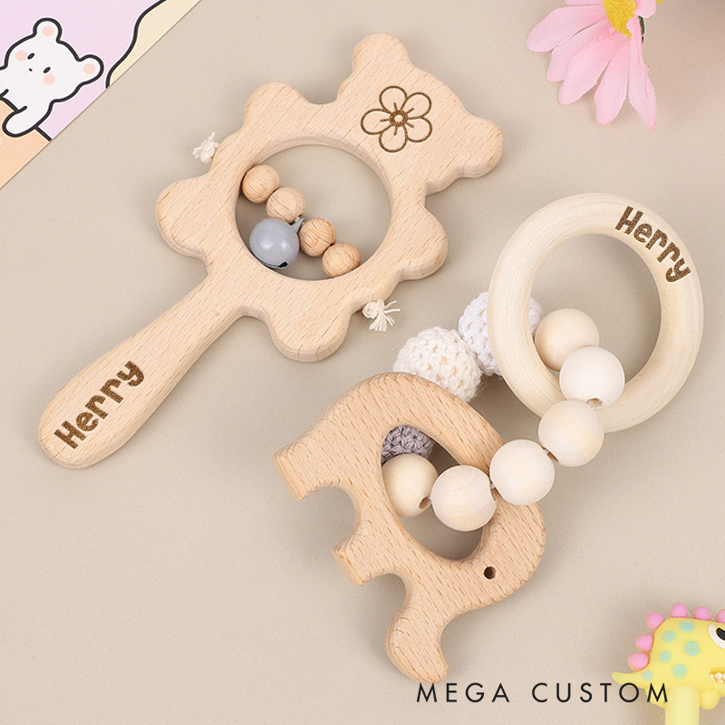 Personalized Engraved Wooden Baby Rattle with Name Animal Rattle With Bells Baby Grasping Toy Baby Shower Gifts