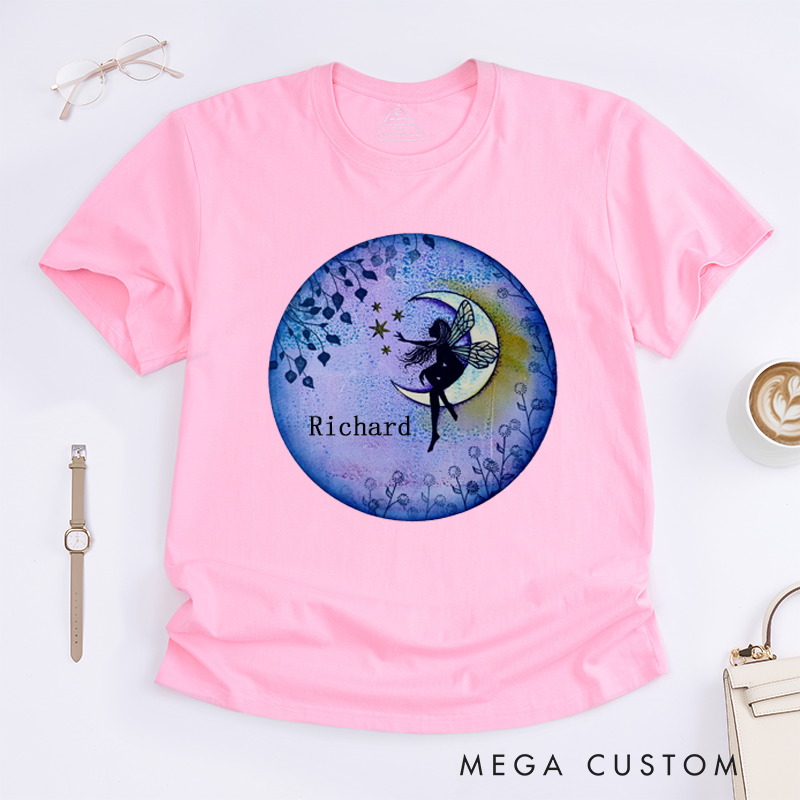 Personalized Fairy Moon T-Shirt Custom Name Gift for Women Unique Fantasy Art Tee Magical Birthday Present for Daughter Sister or Friend