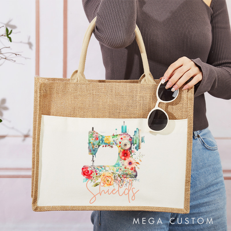 Personalized Flower Sewing Machine Tote Bag Sewing Lovers Bag Tailor Burlap Bag Gift Sewing Lover Gift Seamstress Gift