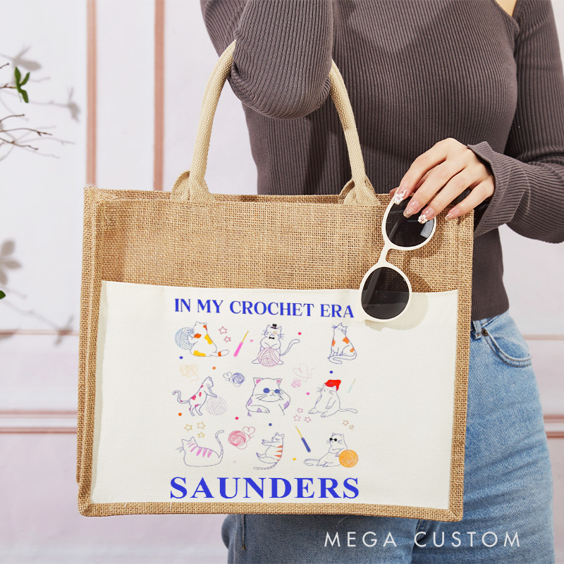 Personalized In My Crochet Era Tote Bag Sewing Lovers Bag Cat And Crochet Lover Burlap Bag Knitting Lover Gifts Crocheting Gift