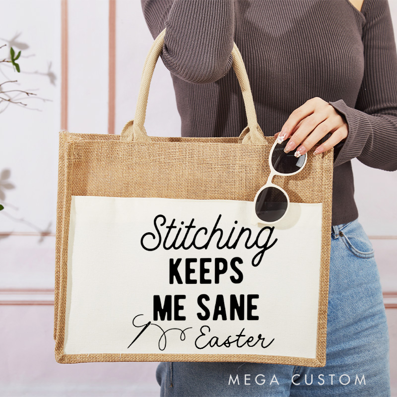 Personalized Stitching Keeps Me Sane Tote Bag Cross Stitch lover Burlap Bag Sewing Lovers Bag Stitching Gift Sewing Gift