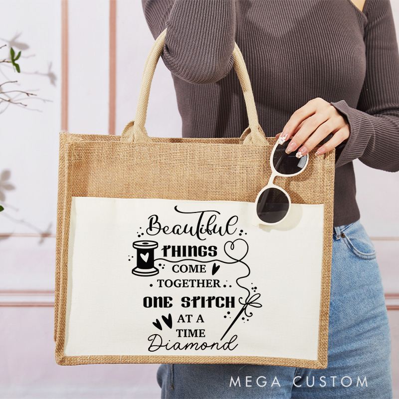 Personalized Beautiful Things Come Together One Stitch at a Time Tote Bag Tailor Burlap Bag with Name Sewing Lover Gift Quilting Gift