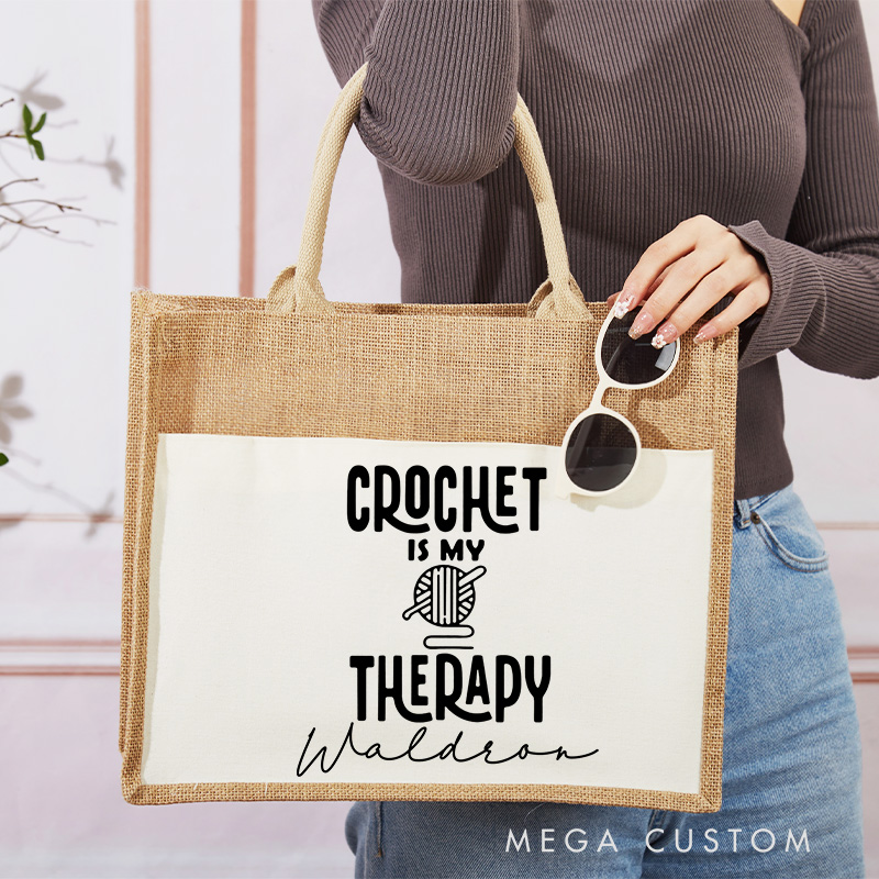 Personalized Crochet is My Therapy Tote Bag Sewciopath Burlap Bag with Name Sewing Lovers Gift Quilting Gift Tailor Gift Crocheter Gift