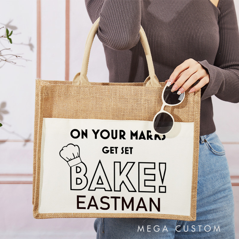 Personalized On Your Marks Get Set Bake Tote Bag Baking Lover Burlap Bag with Name Baking Lover Gift Cookie Baker Baking Gift