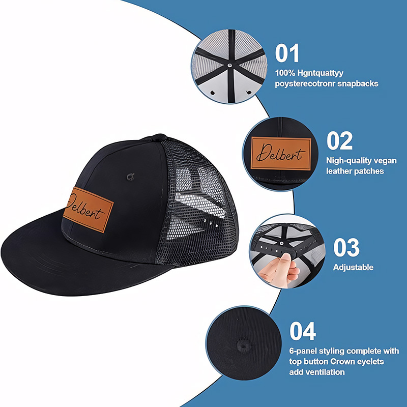 Personalized Trucker Black Hat with Leather Patch Anniversary Gift for Him