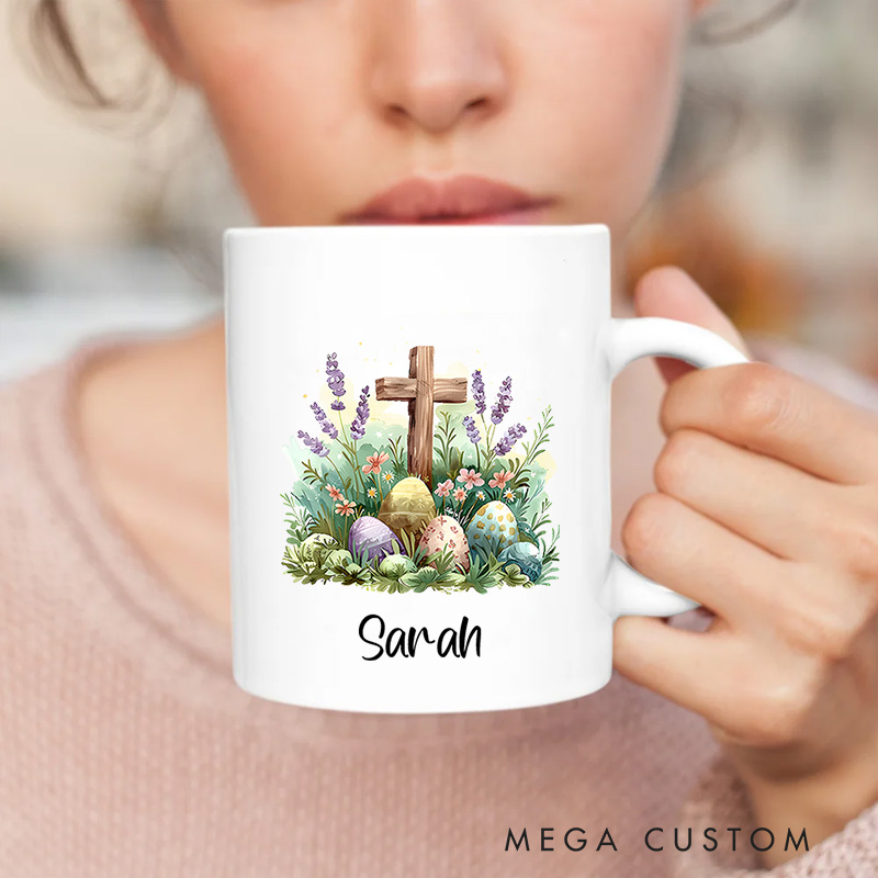 Personalized Colorful Eggs Floral Cross Ceramic Mug with Name Easter Gift Birthday Gift for Boys and Girls