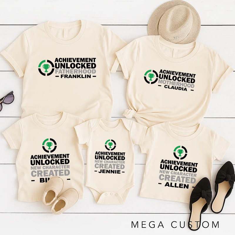 Personalized Achievement Unlocked Family Matching T-Shirts New Father Mother Shirts Funny Gamer Family Shirts Newborn Baby Gaming Shirt Father's Day