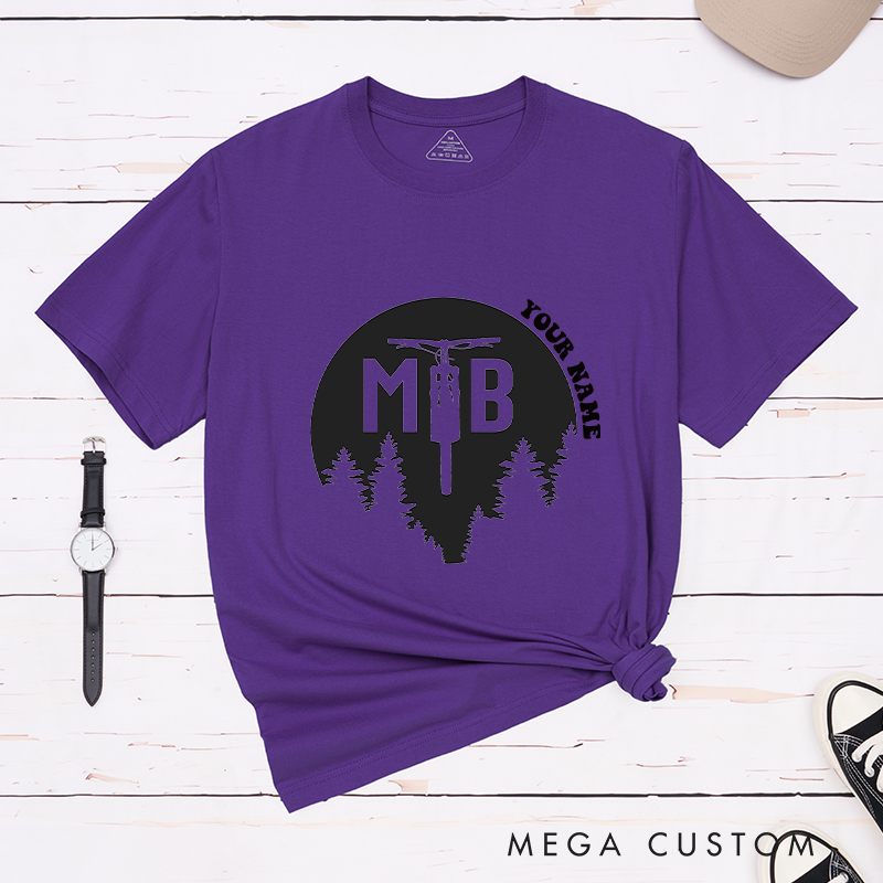 Personalized MTB Forest T-Shirt with Forest Silhouettes and a Fork Graphic for Outdoor Adventures Riding Cycling Biking Enthusiasts