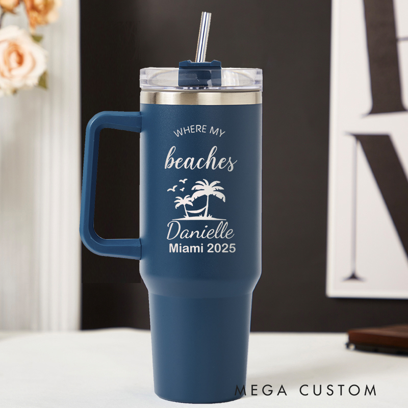 Personalized Beach Tumbler Where My Beaches Tumbler Travel Lover Cup Stainless Steel Laser Engraved Tumbler with Location Gift for Vacation