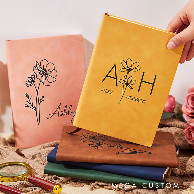 Personalized Birth Flower Leather Journal Birthday Gift Notebook Travel Gift
