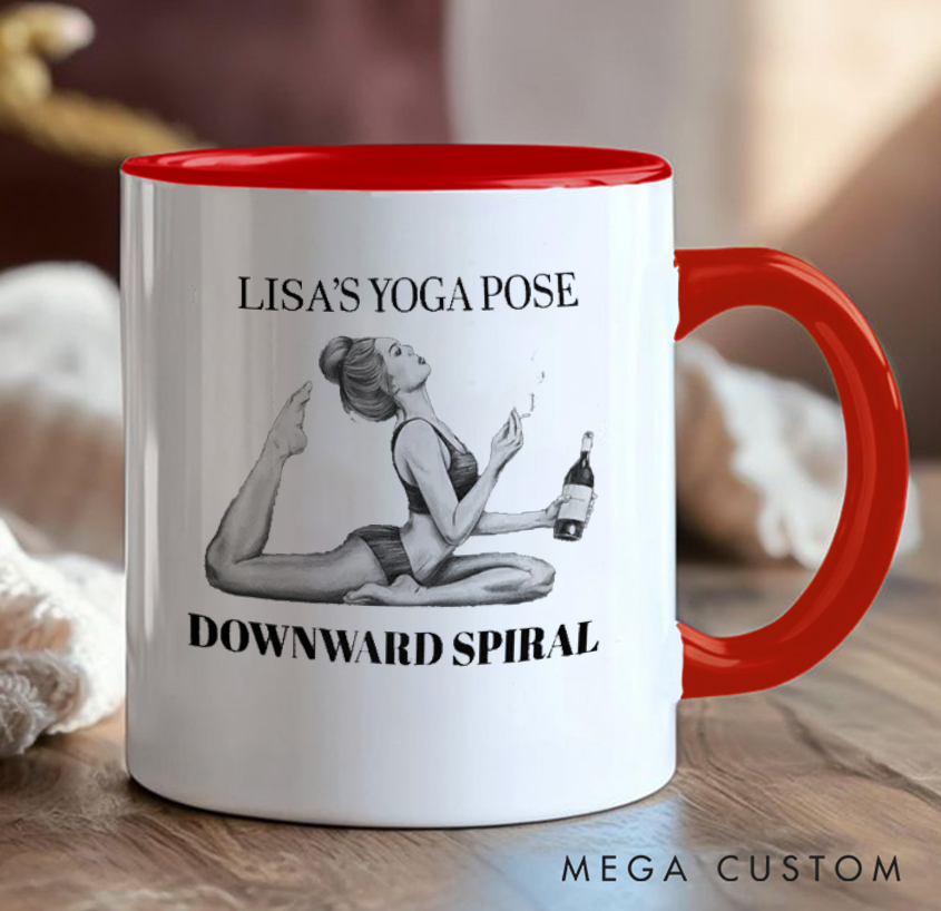 Personalized Funny Yoga Mug Can Custom Name, Humorous "Downward Spiral" Design, Perfect Gift for Yoga Lovers