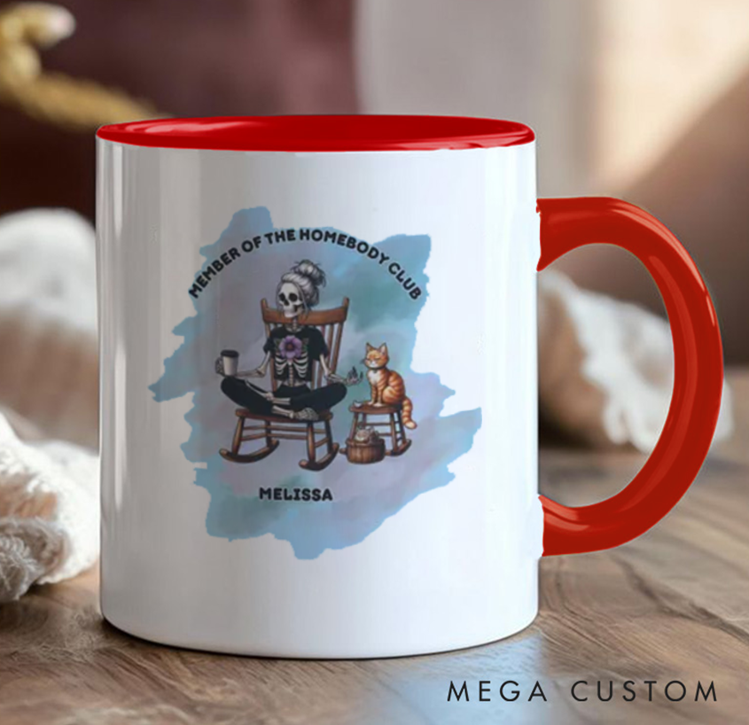 Personalized Homebody Club Mug – Funny Skeleton & Cat Design, Custom Name Option, Perfect Gift for Yoga & Relaxed Lifestyle Lovers