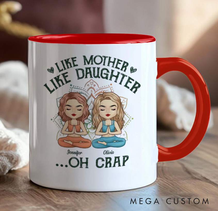 Personalized Mug with Cute Mother and Daughter Meditation Design, Can Custom Name, Perfect Gift for Mom, Daughter and Yoga Lovers