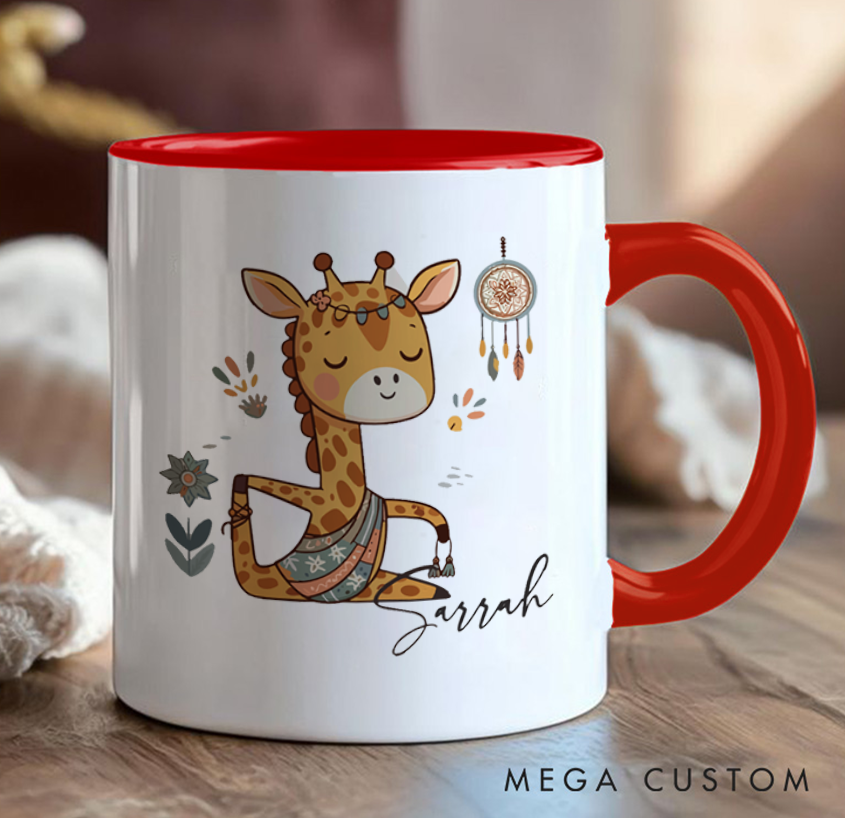 Personalized Yoga Giraffe Mug Cute Meditative Design with Dreamcatcher Can Custom Name Perfect Gift for Animal & Yoga Lovers