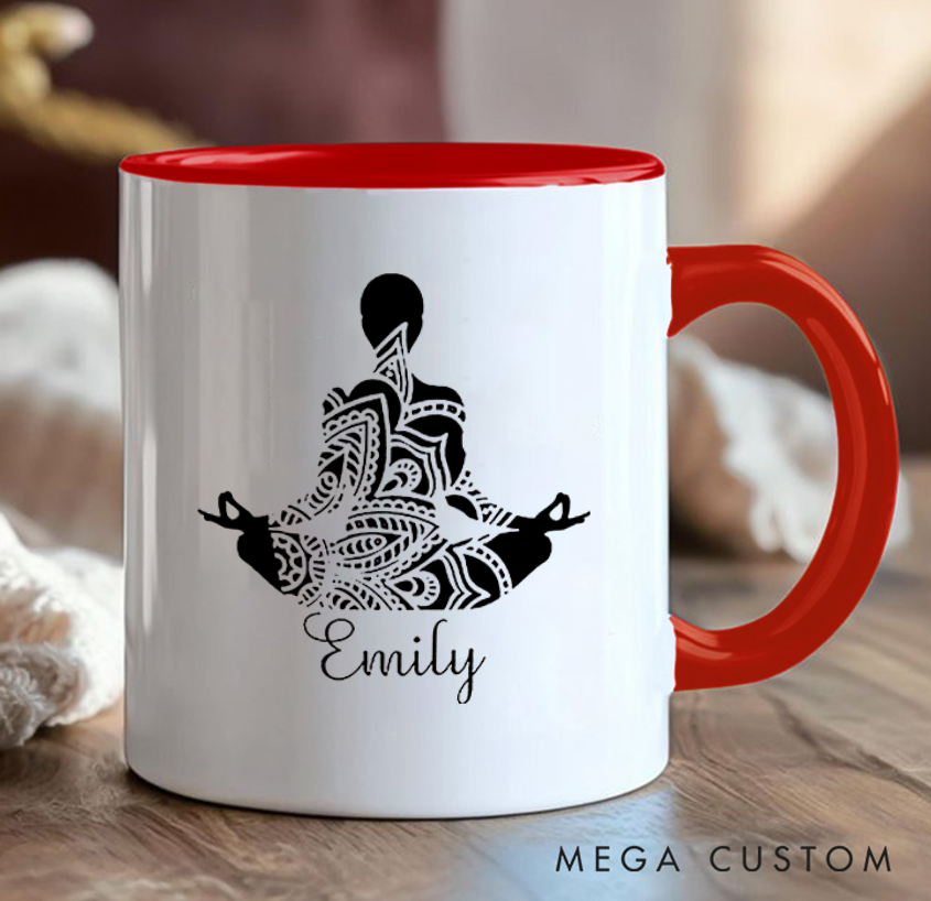 Personalized Yoga Mug Elegant Mandala Meditation Design Custom Name Perfect Gift for Mindfulness & Yoga Enthusiasts