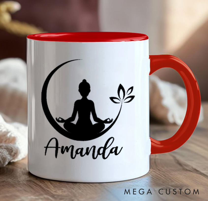 Personalized Yoga Mug Minimalist Meditation Design with Moon & Leaf Custom Name Perfect Gift for Yoga & Mindfulness Lovers