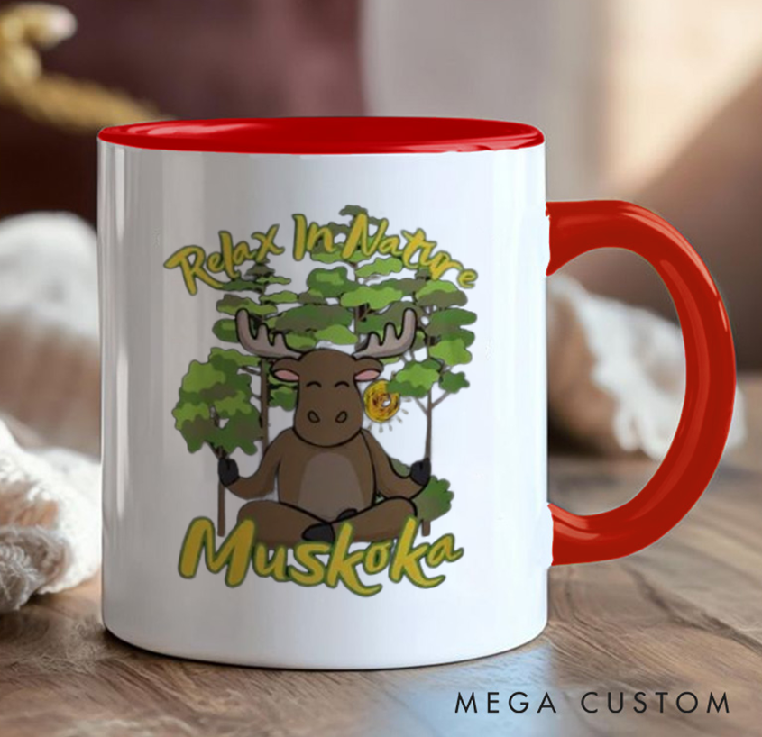Personalized Yoga Mug with Cute Moose and Forest Design Custom Place Name Perfect Gift for Nature Lovers and Yoga Lovers