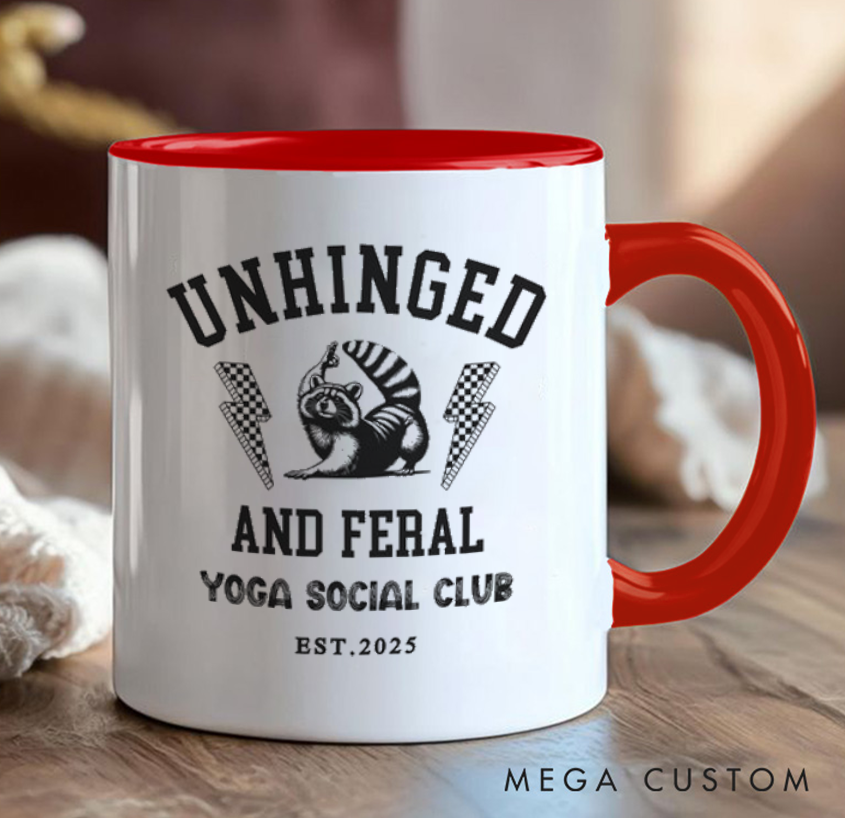 Personalized Yoga Mug with The Words "Crazy Wild Yoga Social Club" Printed on It Funny Raccoon Mug Custom Name Perfect Gift for Yoga Lovers