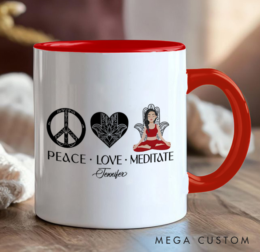 Personalized Yoga mug "Peace Love and Meditate" Zen-Inspired Design Custom Name Perfect Gift for Yoga, Meditation and Mindfulness Enthusiasts