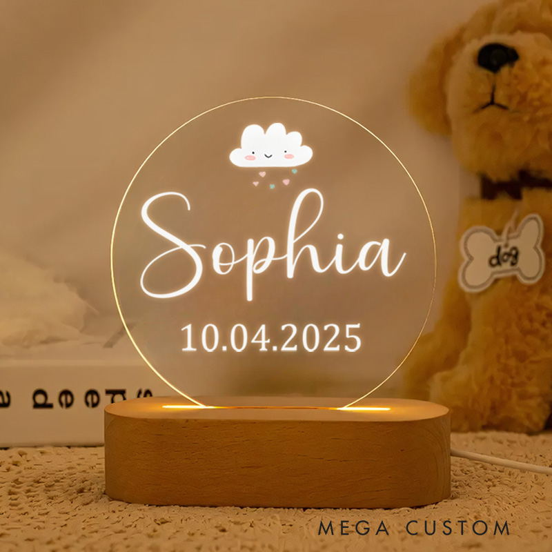 Personalized Name and Date Illustration with Elegant Script for a Charming and Sophisticated Nursery Glow Baby Night Lamp