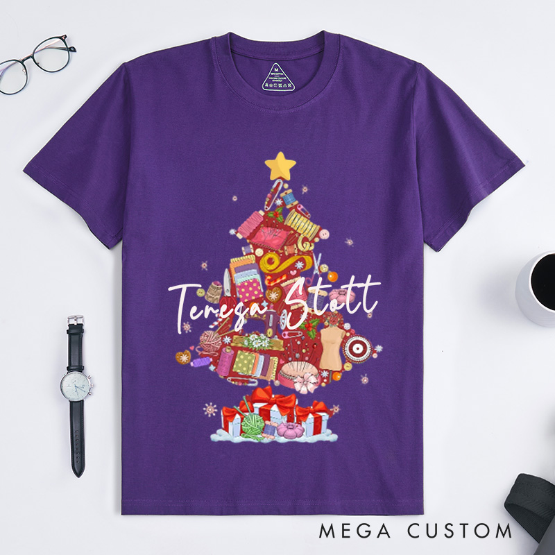 Personalized Sewing Machine Christmas Tree Classic T-Shirts Quilting Shirt Sewing Lover T-Shirt Christmas Tailor Gift Sewing Christmas Shirt