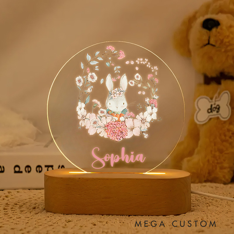 Personalized Bunny Illustration with Floral Wreath and Name for a Whimsical and Sweet Nursery Accent Baby Night Lamp