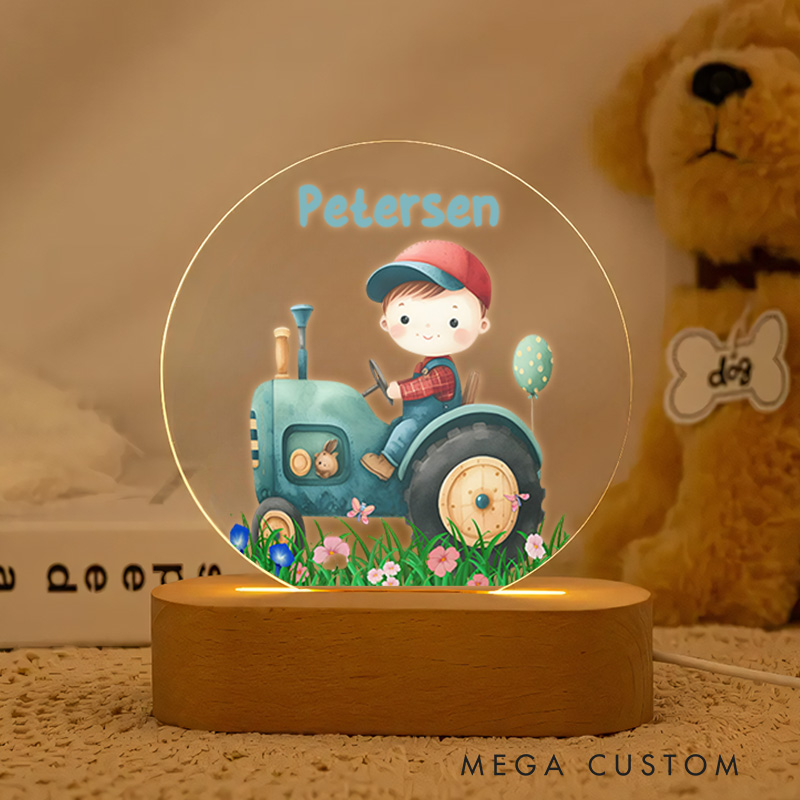 Personalized Farmer Boy Illustration with Name and Tractor Accents for a Playful and Cheerful Nursery Decoration Baby Night Lamp