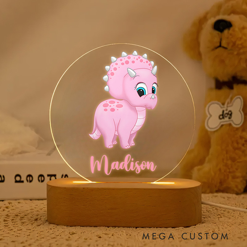 Personalized Pink Dinosaur Illustration Featuring Name for a Cute and Playful Nursery Accent Baby Night Lamp