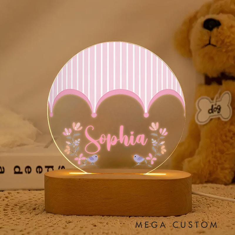 Personalized Elegant Name Illustration with Striped Background and Floral Accents for a Sophisticated Nursery Glow Baby Night Lamp