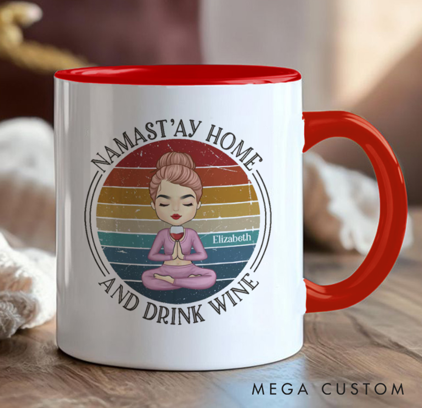 Personalized Yoga Mug Funny "Namast'ay Home and Drink Wine" Design with Retro Style Custom Name Perfect Gift for Yoga and Wine Lovers
