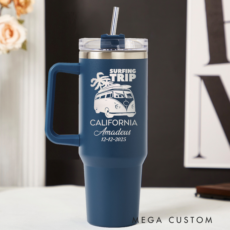 Personalized Surfing Trip Tumbler Travel Lover Tumbler Laser Engraved Tumbler Engraved Tumbler with Name and Location Gift for Vacation