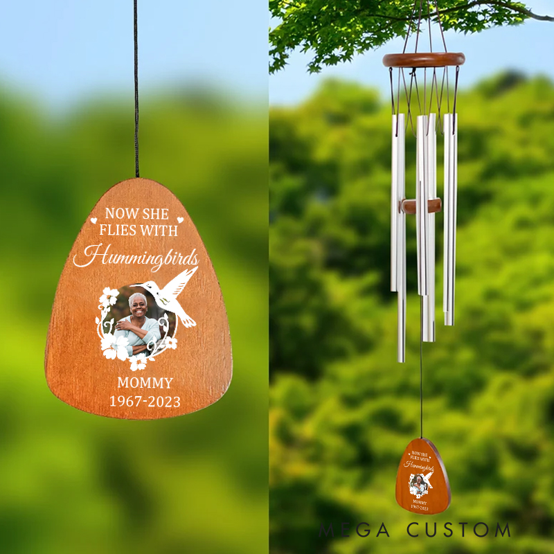Personalized Photo Wind Chimes for Loss of Loved One Now She Flies With Hummingbirds Memorial Wind Chimes Bereavement and Condolence Gift