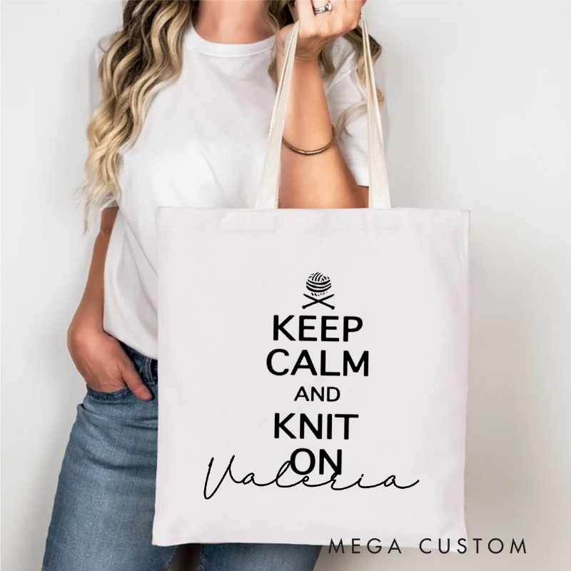 Personalized Keep Calm And Knit On Tote Bag Knitter Bag with Name Yarn Lover Bag for Knitting Lover Gift for Knitter