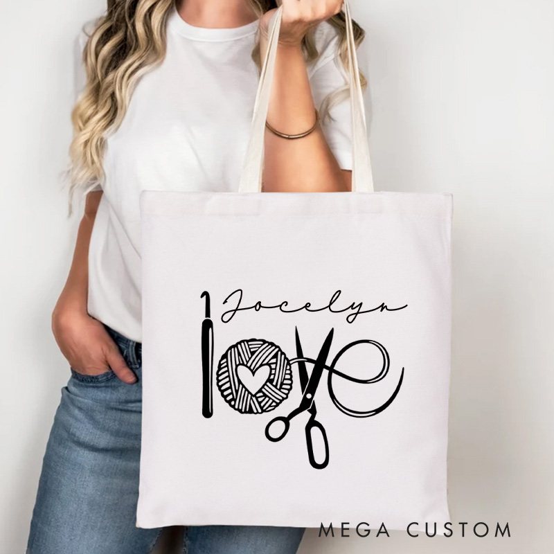 Personalized Crochet Love Tote Bag Knitter Canvas Bag with Name Yarn Lover Bag for Knitting Lover Gift Crocheting Lover Gift