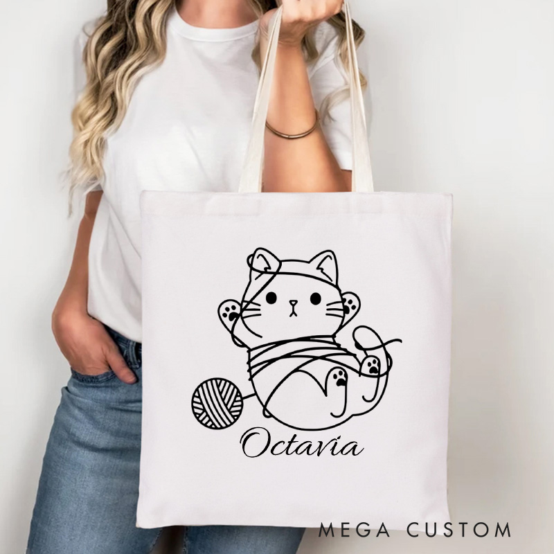Personalized Cat Knitting Tote Bag Canvas Yarning Bag Crochet Lover Bag with Name Yarn Lover Gift Knitting Gift Crocheting Gift