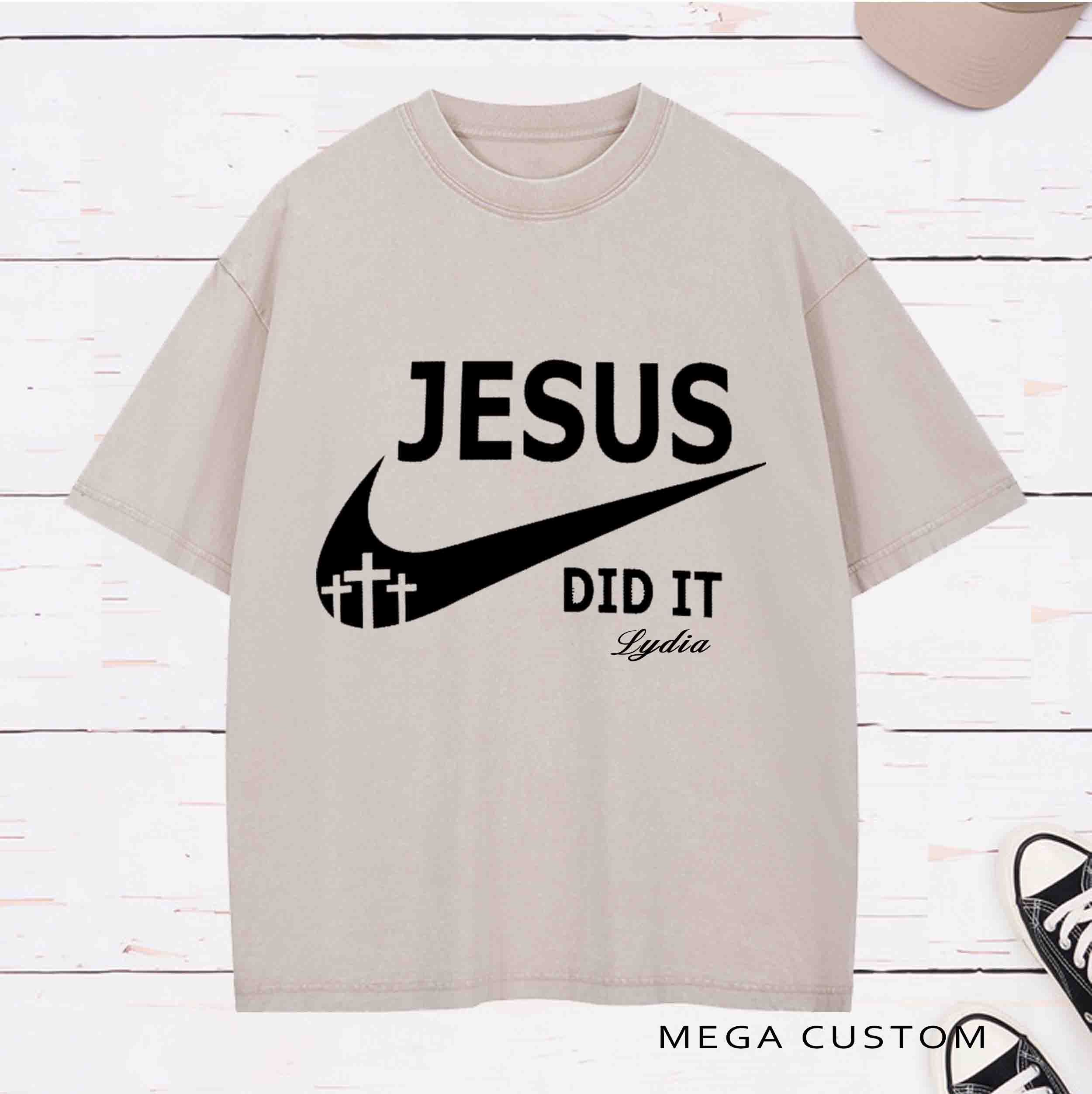 Personlized Character Bible Verse Jesus Did It and Christian Cross Printed Washed T-Shirt with Name Birthday Baptism Gift for Christian   