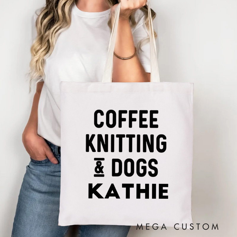 Personalized Coffee Knitting Dogs Tote Bag Knitting Lover Bag Canvas Bag with Name Yarning Bag for Knitting Lover Gift