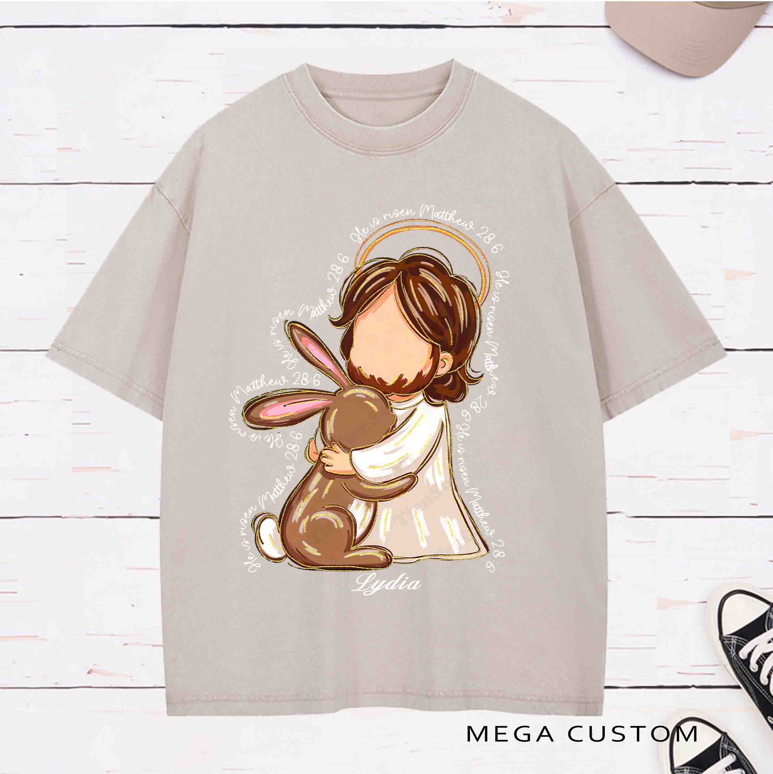 Personalized Character He Is Risen Washed T-Shirt with Name Birthday Easter Gift for Christian