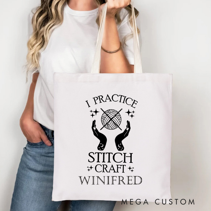 Personalized I Practice Stitch Craft Tote Bag Yarning Canvas Bag Crochet Lover Bag with Name Yarn Lover Gift Knitting Gift Crocheting Gift