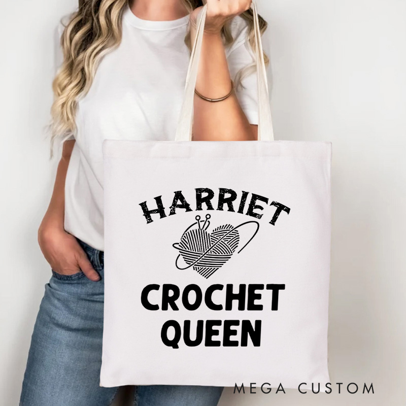 Personalized Crochet Queen Tote Bag Yarning Canvas Bag Custom Crochet Lover Bag with Name Yarn Lover Gift Crocheting Gift