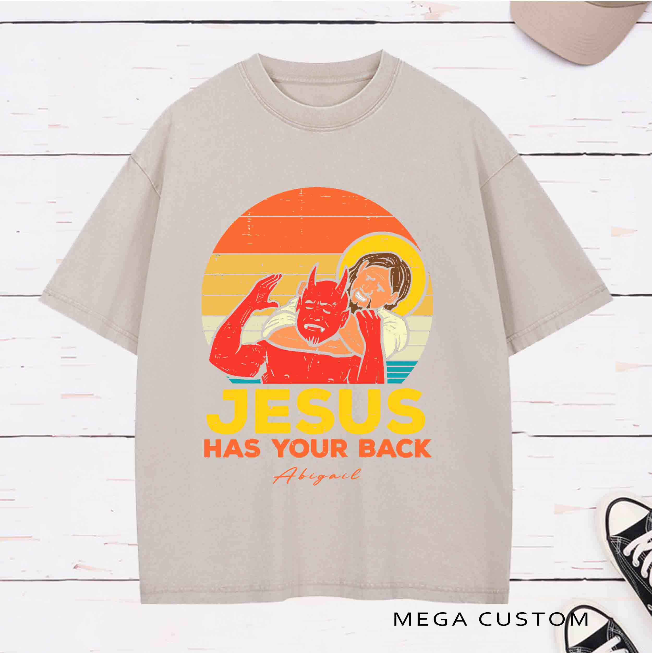 Personalized Character Jesus Has Your Back Washed T-Shirt with Name Birthday Easter Gift for Christian