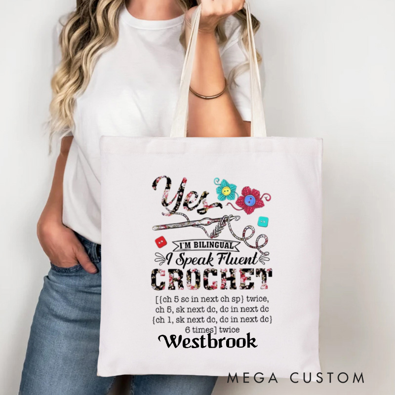 Personalized I Speak Fluent Crochet Tote Bag Canvas Yarning Bag with Name Yarn Lover Gift Knitting Lover Gift Crocheting Lover Gift