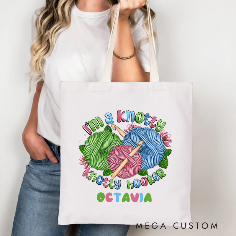 Personalized I’m A Knotty Hooker Crochet Tote Bag Canvas Crochet Lover Bag Yarn Lover Gift Knitting Lover Gift Crocheting Lover Gift