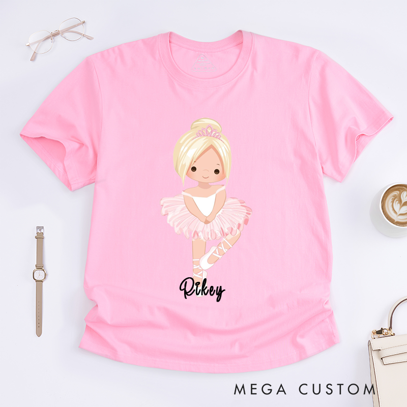 Personalized Ballerina Girl T-Shirt Gift Custom Name Cute Pink Ballet Dancer for Girls Birthday Present Dance Lover Tee