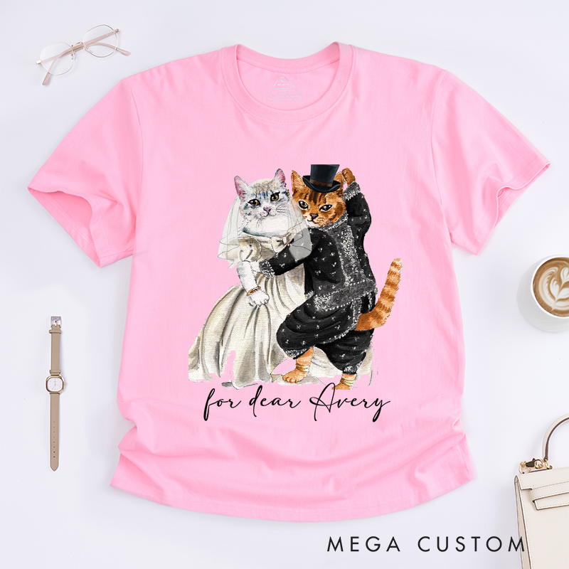 Personalized Wedding Cats Dancing T-Shirt Custom Name Cat Couple Bride and Groom Illustration Gift for Dance Lovers Unique Anniversary Present